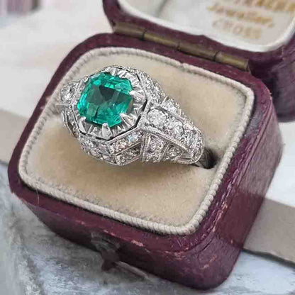 Art Deco Antique Colombian Emerald and Diamond Ring