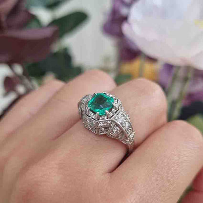 Art Deco Antique Colombian Emerald and Diamond Ring