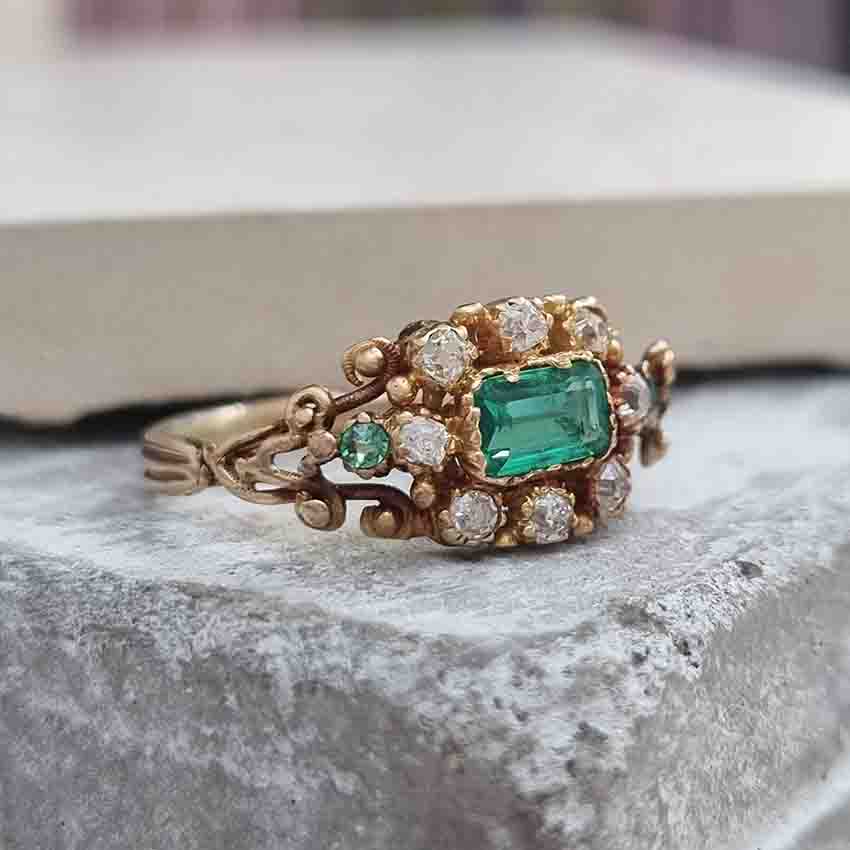 Victorian Emerald And Old Cut Diamond Cluster Ring In 18 Carat Gold
