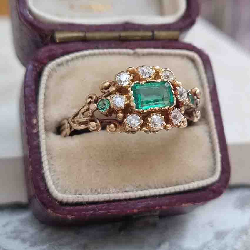 Victorian Emerald And Old Cut Diamond Cluster Ring In 18 Carat Gold