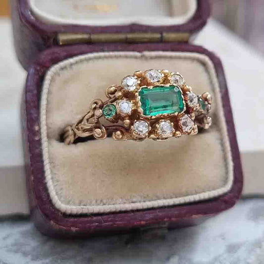 Victorian Emerald And Old Cut Diamond Cluster Ring In 18 Carat Gold