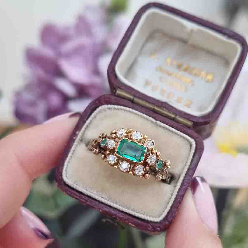 Victorian Emerald And Old Cut Diamond Cluster Ring In 18 Carat Gold