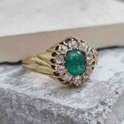 Emerald And Old Cut Diamond Cluster Ring In 14 Carat Yellow Gold