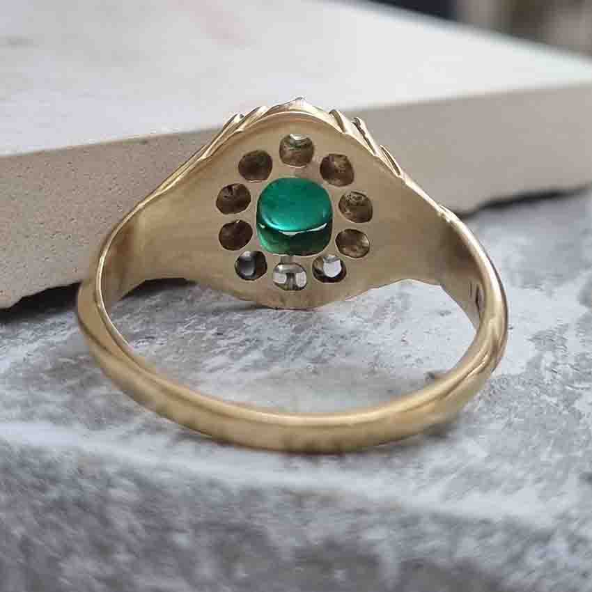 Emerald And Old Cut Diamond Cluster Ring In 14 Carat Yellow Gold