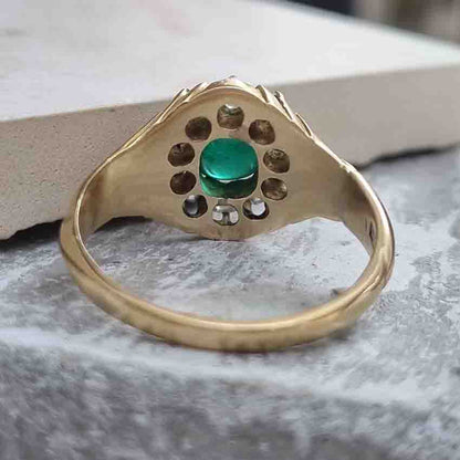 Emerald And Old Cut Diamond Cluster Ring In 14 Carat Yellow Gold