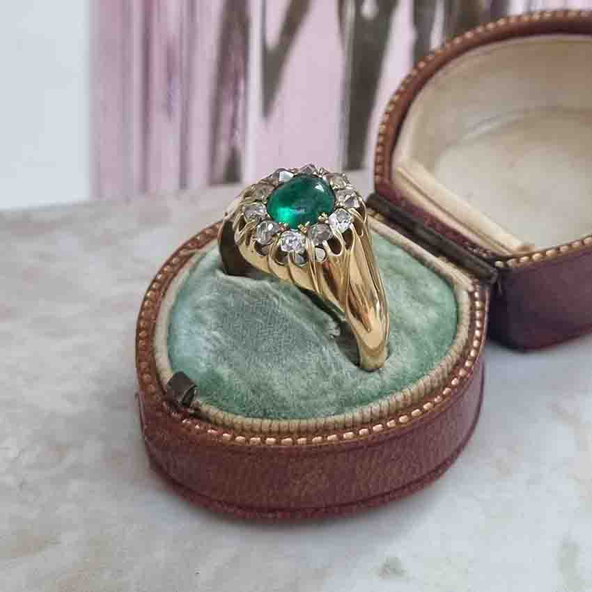 Emerald And Old Cut Diamond Cluster Ring In 14 Carat Yellow Gold