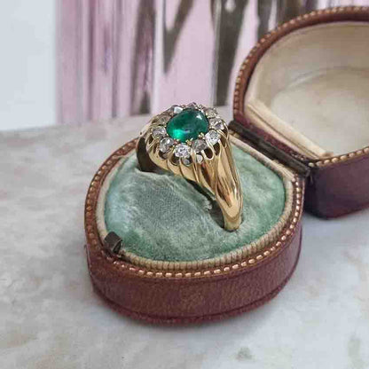 Emerald And Old Cut Diamond Cluster Ring In 14 Carat Yellow Gold
