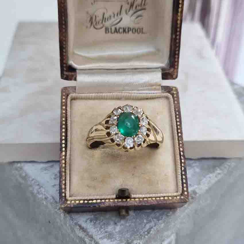 Emerald And Old Cut Diamond Cluster Ring In 14 Carat Yellow Gold
