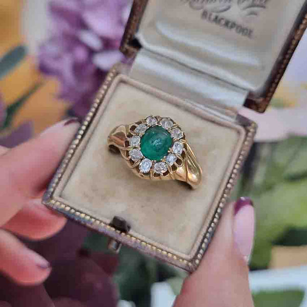 Emerald And Old Cut Diamond Cluster Ring In 14 Carat Yellow Gold