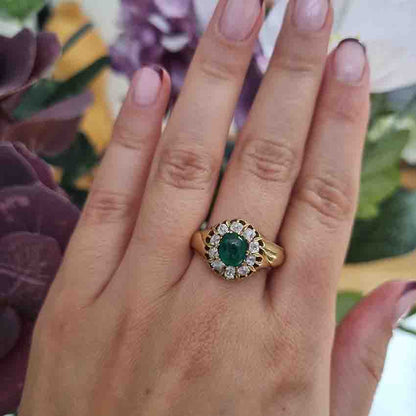 Emerald And Old Cut Diamond Cluster Ring In 14 Carat Yellow Gold