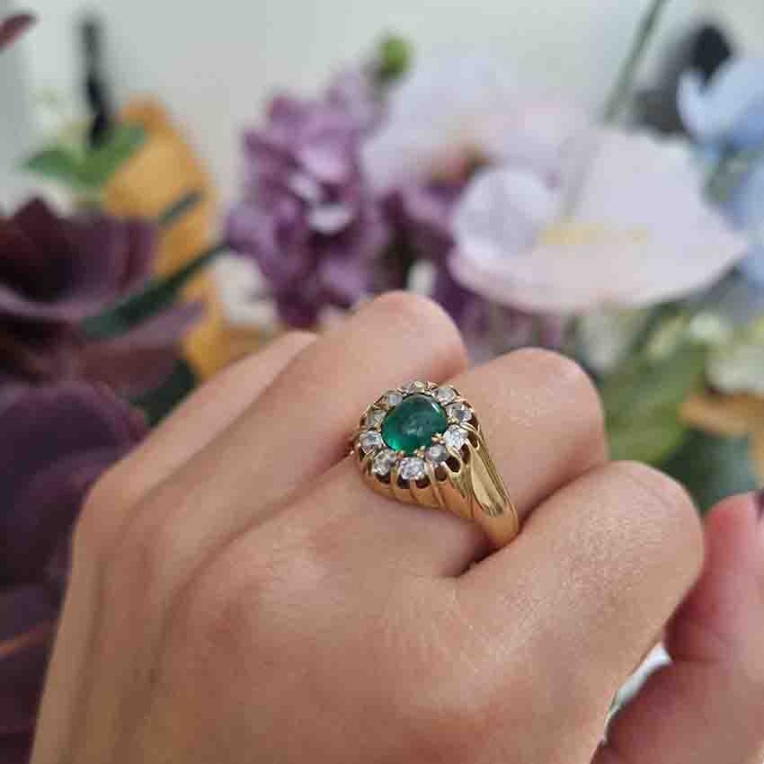 Emerald And Old Cut Diamond Cluster Ring In 14 Carat Yellow Gold
