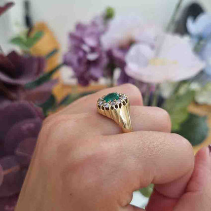 Emerald And Old Cut Diamond Cluster Ring In 14 Carat Yellow Gold