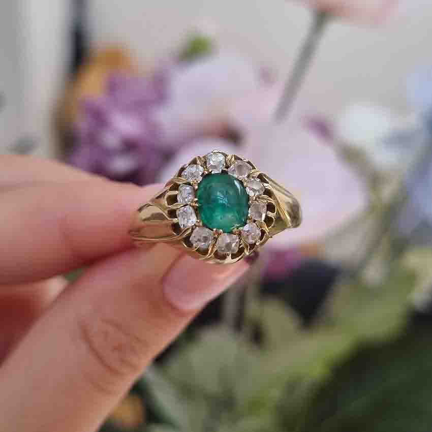 Emerald And Old Cut Diamond Cluster Ring In 14 Carat Yellow Gold