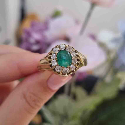 Emerald And Old Cut Diamond Cluster Ring In 14 Carat Yellow Gold