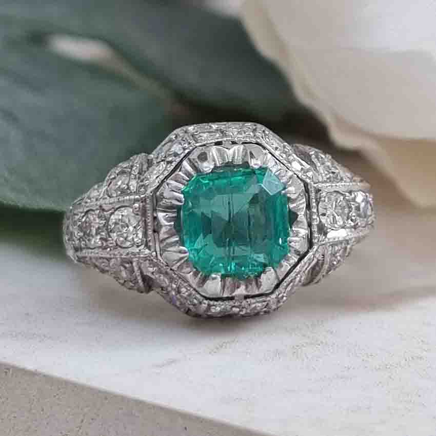 Art Deco Antique Colombian Emerald and Diamond Ring