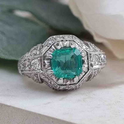 Art Deco Antique Colombian Emerald and Diamond Ring