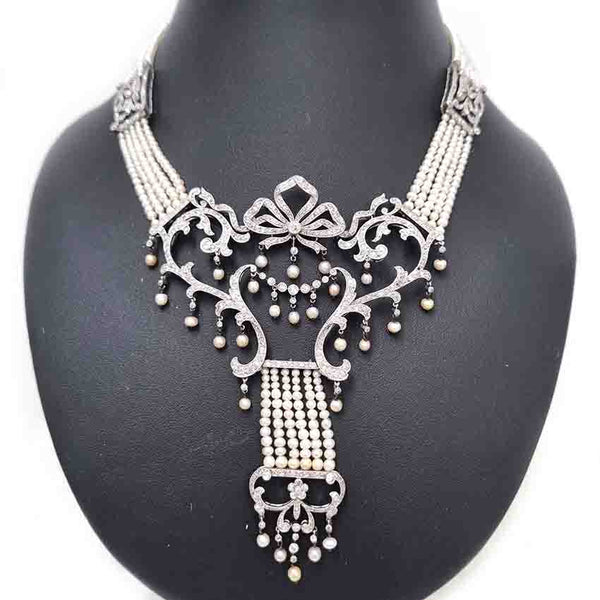 Edwardian Belle Epoque Antique Natural Pearl and Diamond Panel Swag Necklace