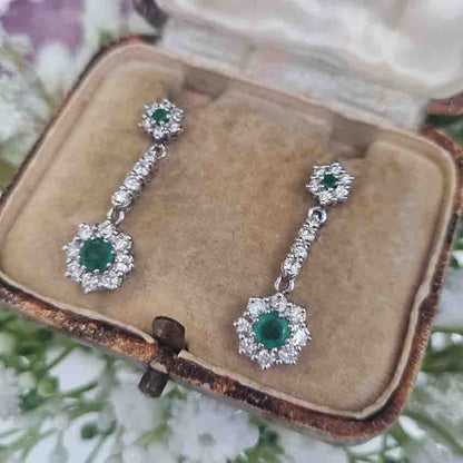 Vintage Emerald and Diamond Cluster Drop Earrings