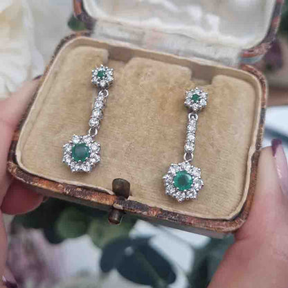 Vintage Emerald and Diamond Cluster Drop Earrings