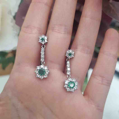 Vintage Emerald and Diamond Cluster Drop Earrings
