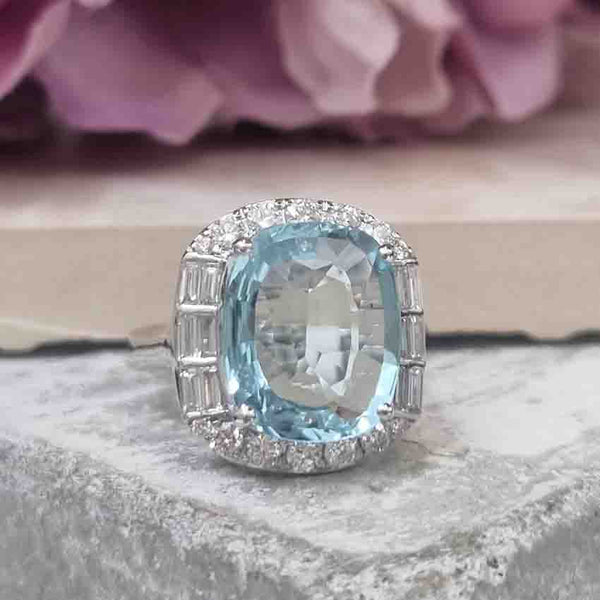 Contemporary 4.64ct Cushion Cut Aquamarine and Diamond Cluster Ring