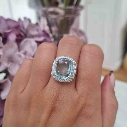 Contemporary 4.64ct Cushion Cut Aquamarine and Diamond Cluster Ring