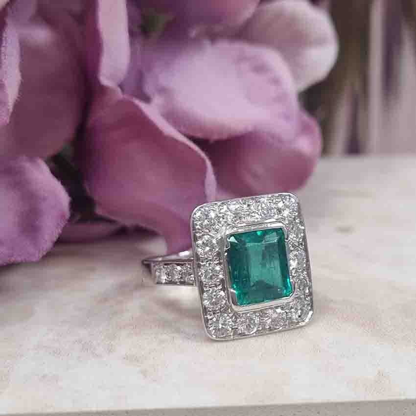 Art Deco 2.1ct Emerald and Diamond Cluster Ring
