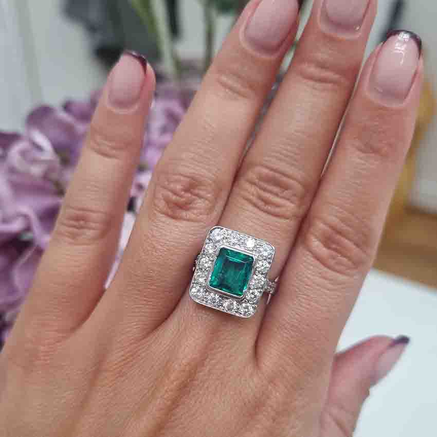 Art Deco 2.1ct Emerald and Diamond Cluster Ring