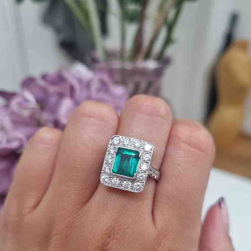 Art Deco 2.1ct Emerald and Diamond Cluster Ring