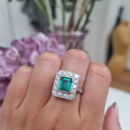Art Deco 2.1ct Emerald and Diamond Cluster Ring