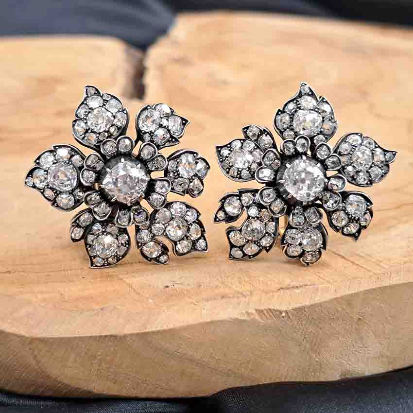 Antique Victorian Diamond Flower Earrings, Circa 1880