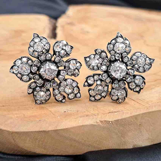 Antique Victorian Diamond Flower Earrings, Circa 1880
