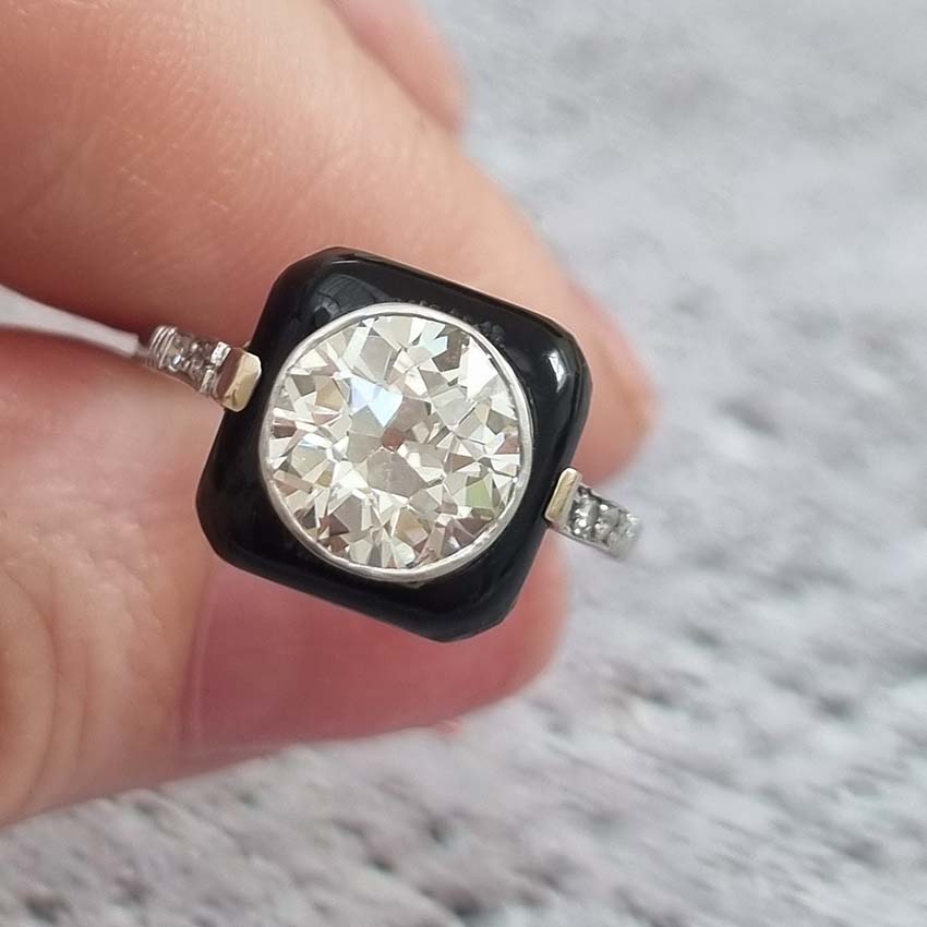 Vintage Art Deco Onyx and 2 Carat Old Cut Diamond Target Ring