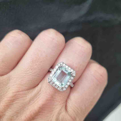 3.70ct Emerald Cut Aquamarine and Diamond Cluster Ring