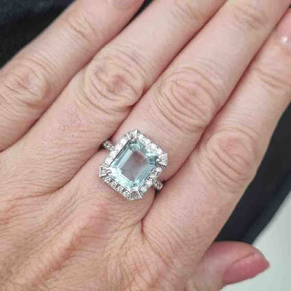 3.70ct Emerald Cut Aquamarine and Diamond Cluster Ring