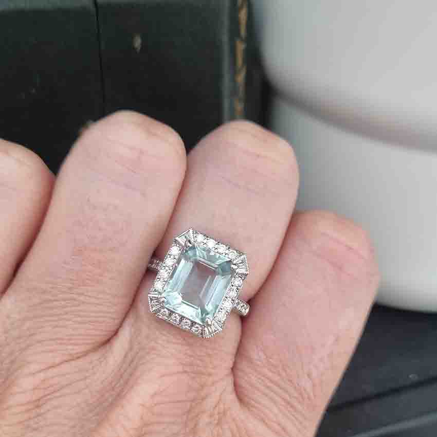 3.70ct Emerald Cut Aquamarine and Diamond Cluster Ring