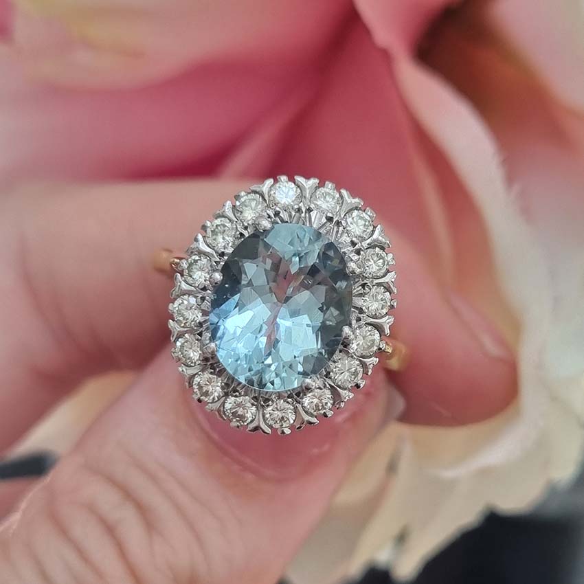 3.50ct Aquamarine and Diamond Oval Cluster Engagement Ring