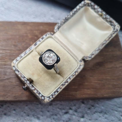Vintage Art Deco Onyx and 2 Carat Old Cut Diamond Target Ring