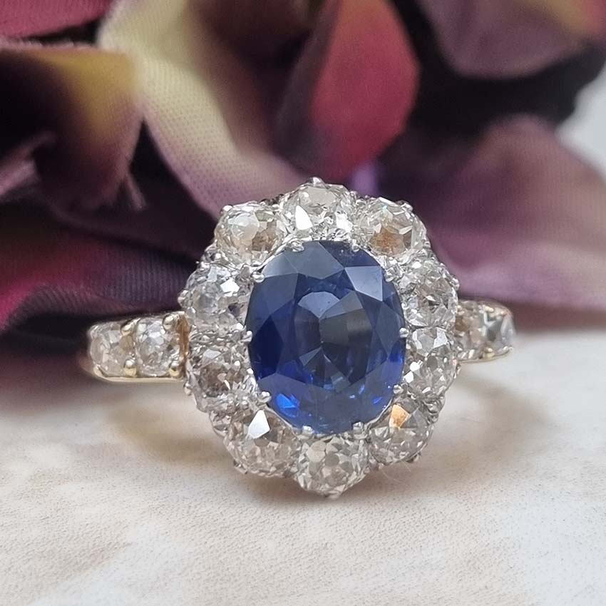 Victorian Antique 2.55ct Sapphire and Old Cut Diamond Cluster Ring