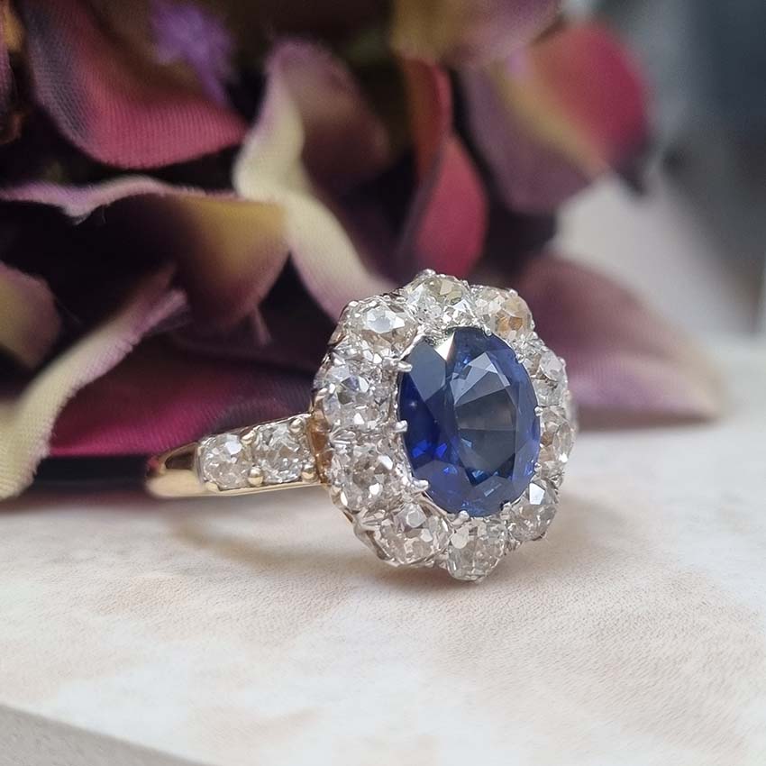 Victorian Antique 2.55ct Sapphire and Old Cut Diamond Cluster Ring