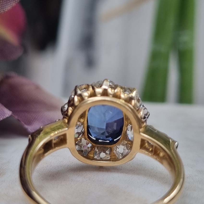 Victorian Antique 2.55ct Sapphire and Old Cut Diamond Cluster Ring