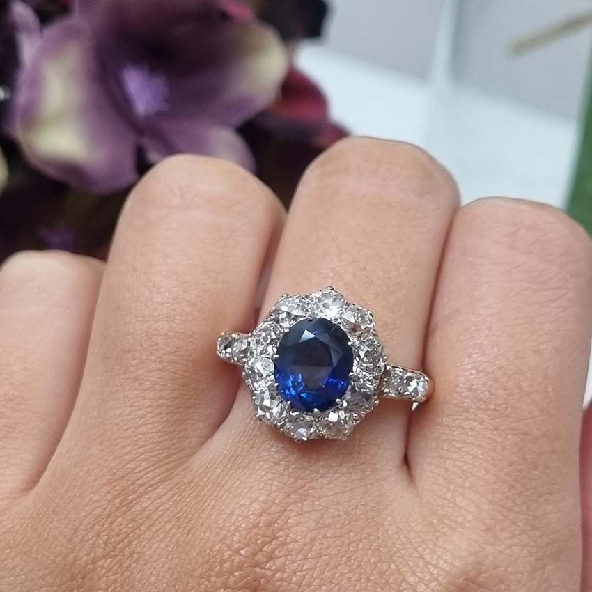 Victorian Antique 2.55ct Sapphire and Old Cut Diamond Cluster Ring