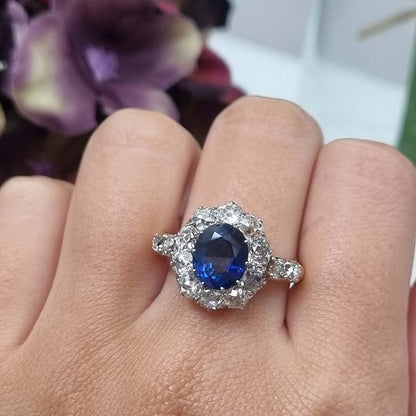 Victorian Antique 2.55ct Sapphire and Old Cut Diamond Cluster Ring