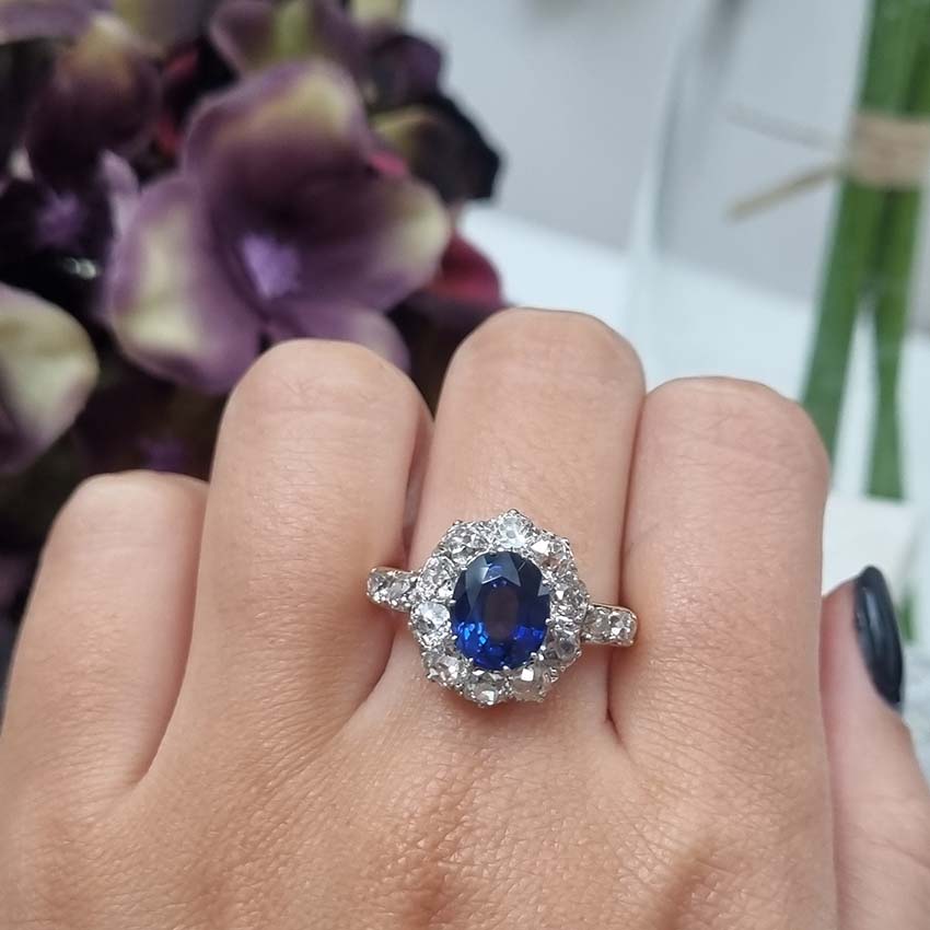 Victorian Antique 2.55ct Sapphire and Old Cut Diamond Cluster Ring