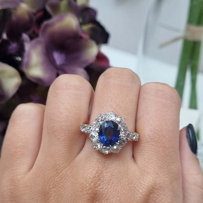 Victorian Antique 2.55ct Sapphire and Old Cut Diamond Cluster Ring