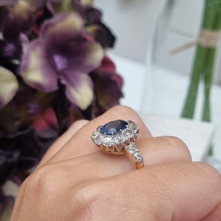 Victorian Antique 2.55ct Sapphire and Old Cut Diamond Cluster Ring