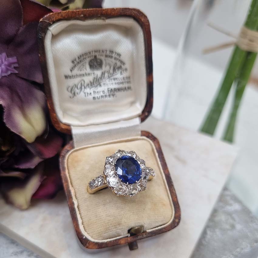 Victorian Antique 2.55ct Sapphire and Old Cut Diamond Cluster Ring