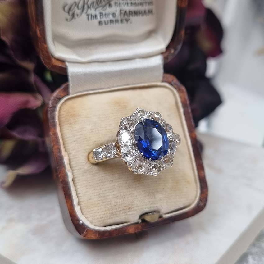 Victorian Antique 2.55ct Sapphire and Old Cut Diamond Cluster Ring