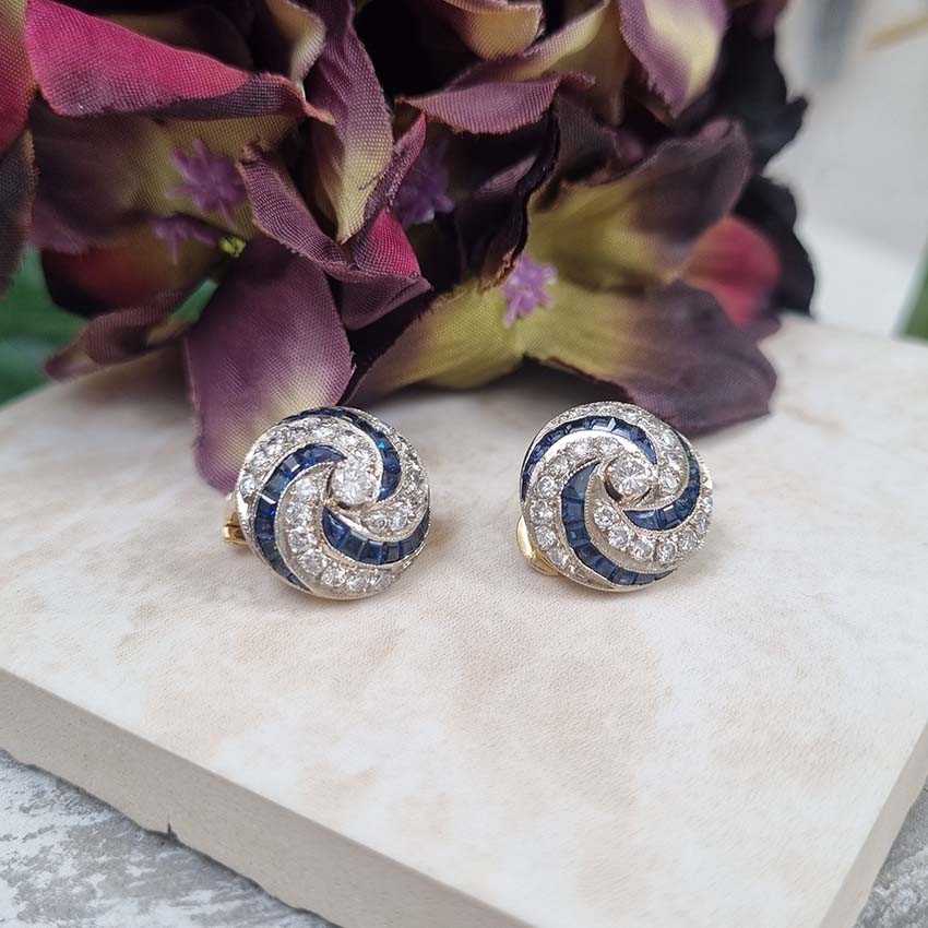 Vintage Sapphire and Diamond Swirl Cluster Clip Earrings