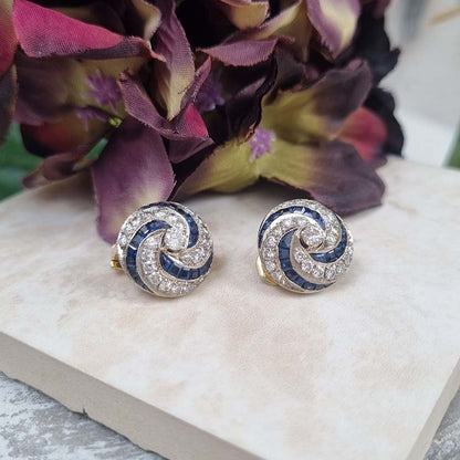 Vintage Sapphire and Diamond Swirl Cluster Clip Earrings